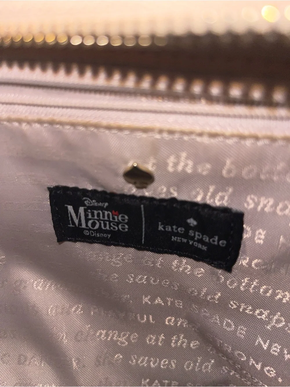 kate spade Cream Minnie Mouse Tote with Black Handles and Red Polka-Dot Skirt